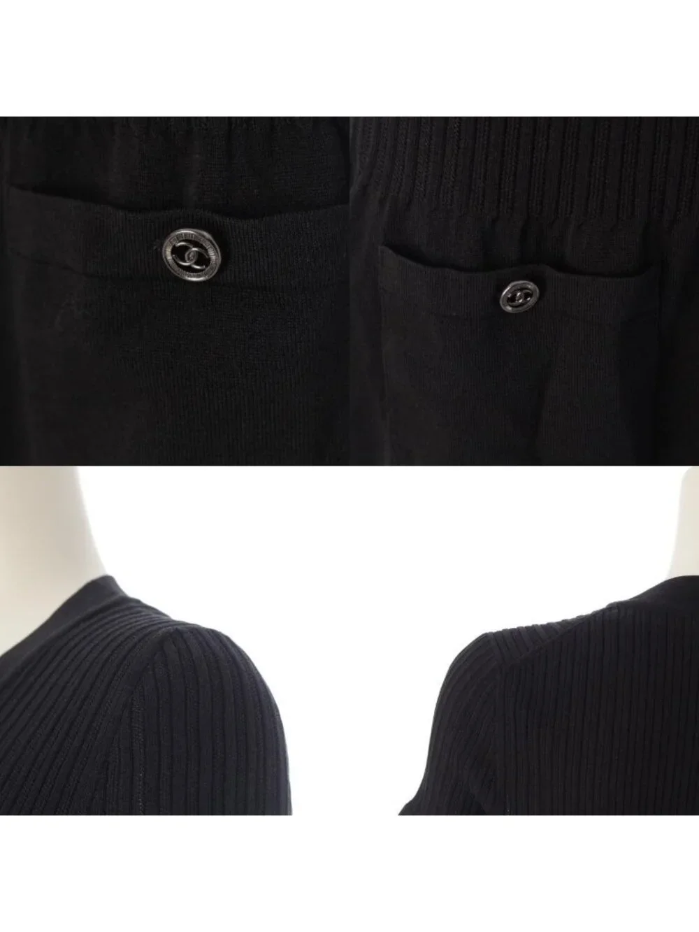 Chanel Circle CC Logo Short Sleeve Openwork Rib Knit Switch Dress Black 38